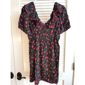 J Crew Ruffle-Collar Mini Dress in Painted Daisy Print Black and Red Sz 10
